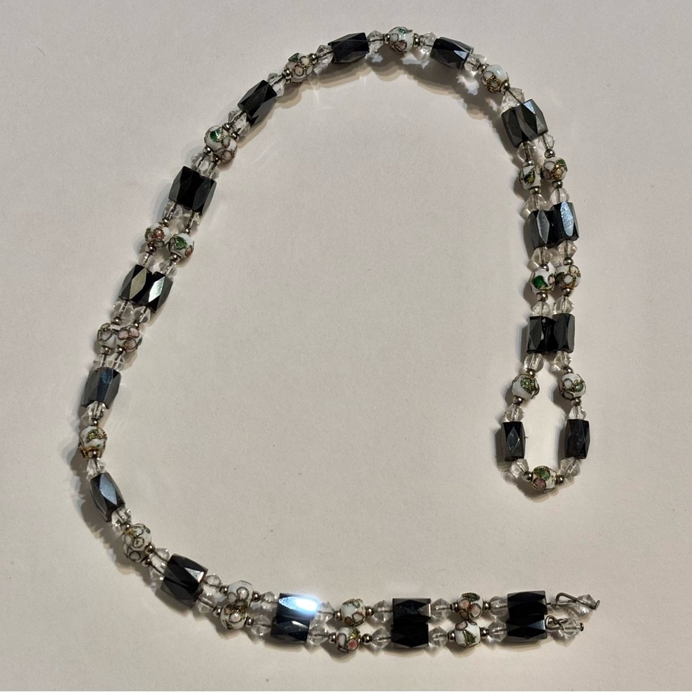 Magnetic Hematite and Enameled Cloisonne Beaded Wrap Bracelet Necklace 29”